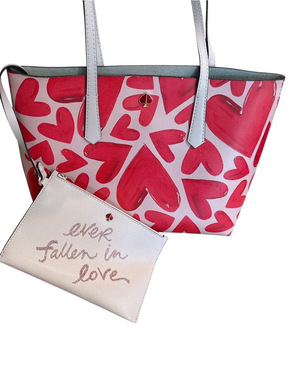 Kate Spade New York Heart Print Tote Bag with Matching Zip Wristlet Pink Red - Picture 2 of 7